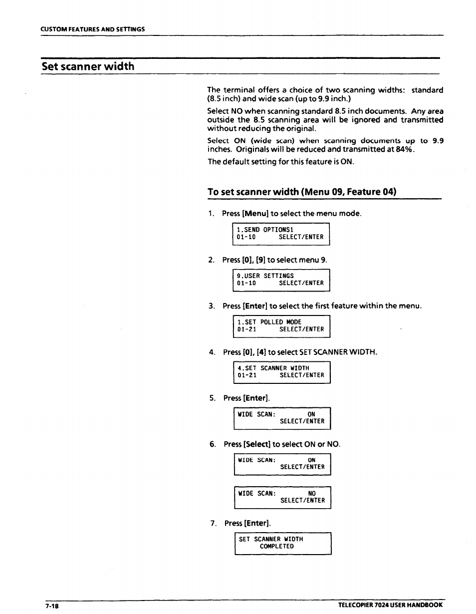 Set scanner width, To set scanner width (menu 09, feature 04), Set scanner width -18 | To set scanner width (menu 09, feature 04) -18 | Xerox 7024 User Manual | Page 136 / 164
