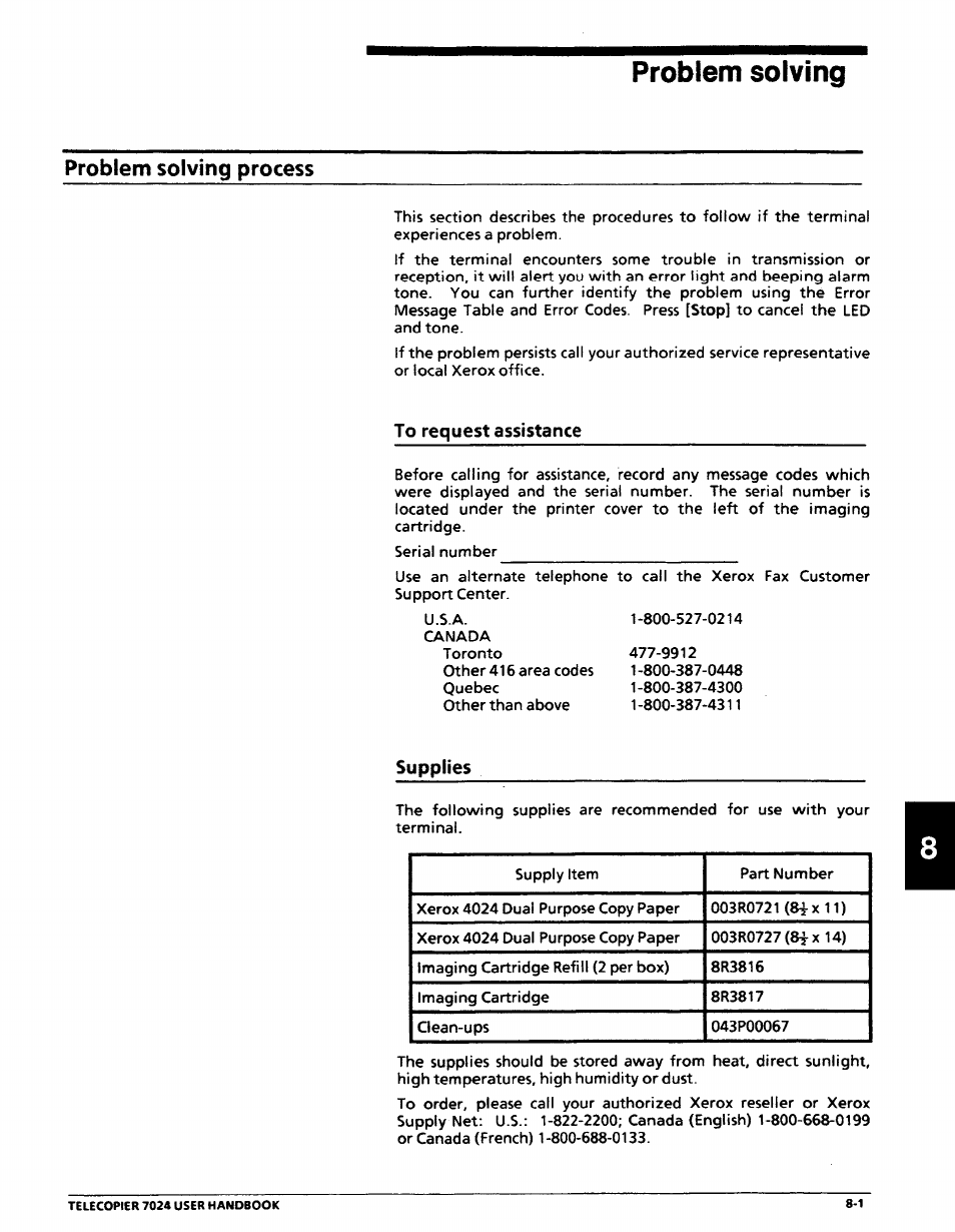 Problem solving, Problem solving process, To request assistance | Supplies, Problem solving process -1, To request assistance -1 supplies -1 | Xerox 7024 User Manual | Page 139 / 164