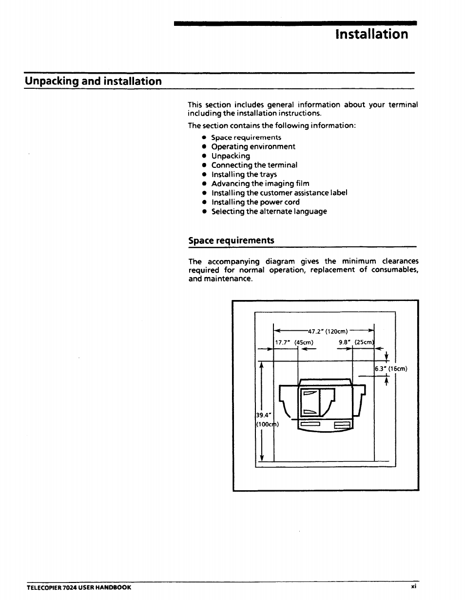 Installation, Space requirements | Xerox 7024 User Manual | Page 15 / 164