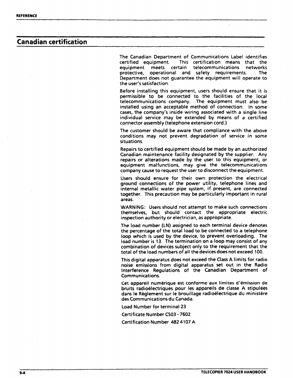 Canadian certification, Canadian certification -4 | Xerox 7024 User Manual | Page 156 / 164