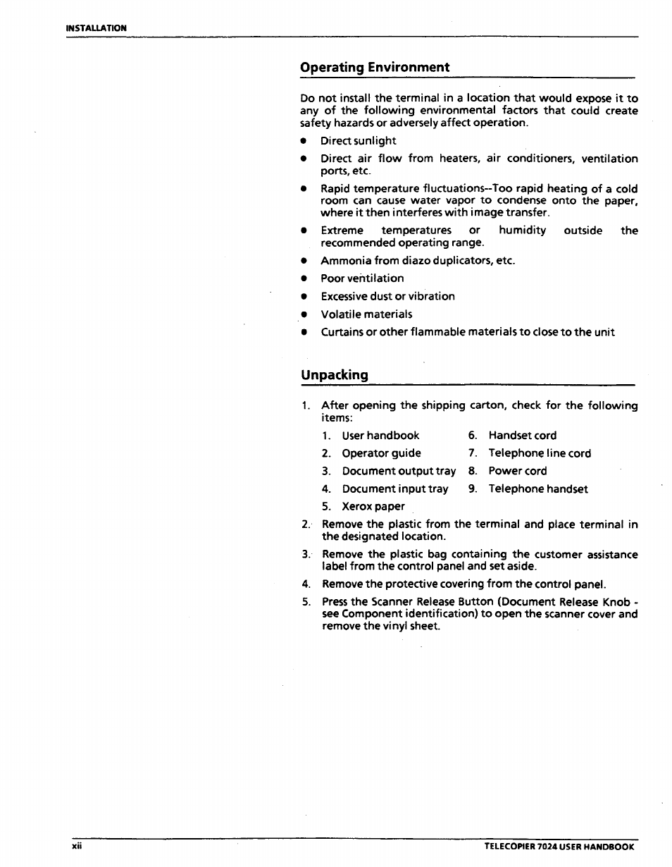 Operating environment, Unpacking | Xerox 7024 User Manual | Page 16 / 164