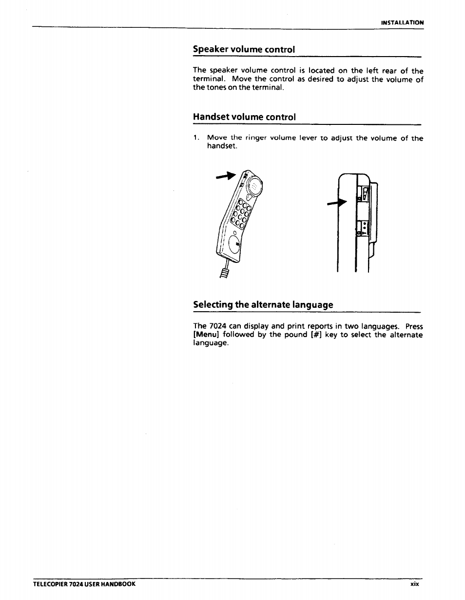 Speaker volume control, Handset volume control, Selecting the alternate language | Xerox 7024 User Manual | Page 19 / 164