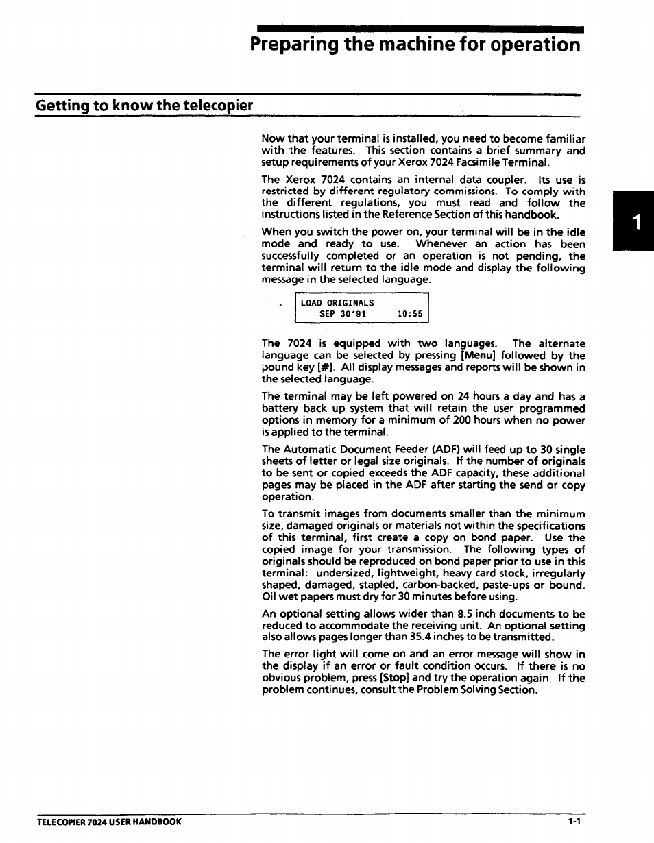 Preparing the machine for operation, Getting to know the telecopier, Getting to know the telecopier -1 | Xerox 7024 User Manual | Page 21 / 164