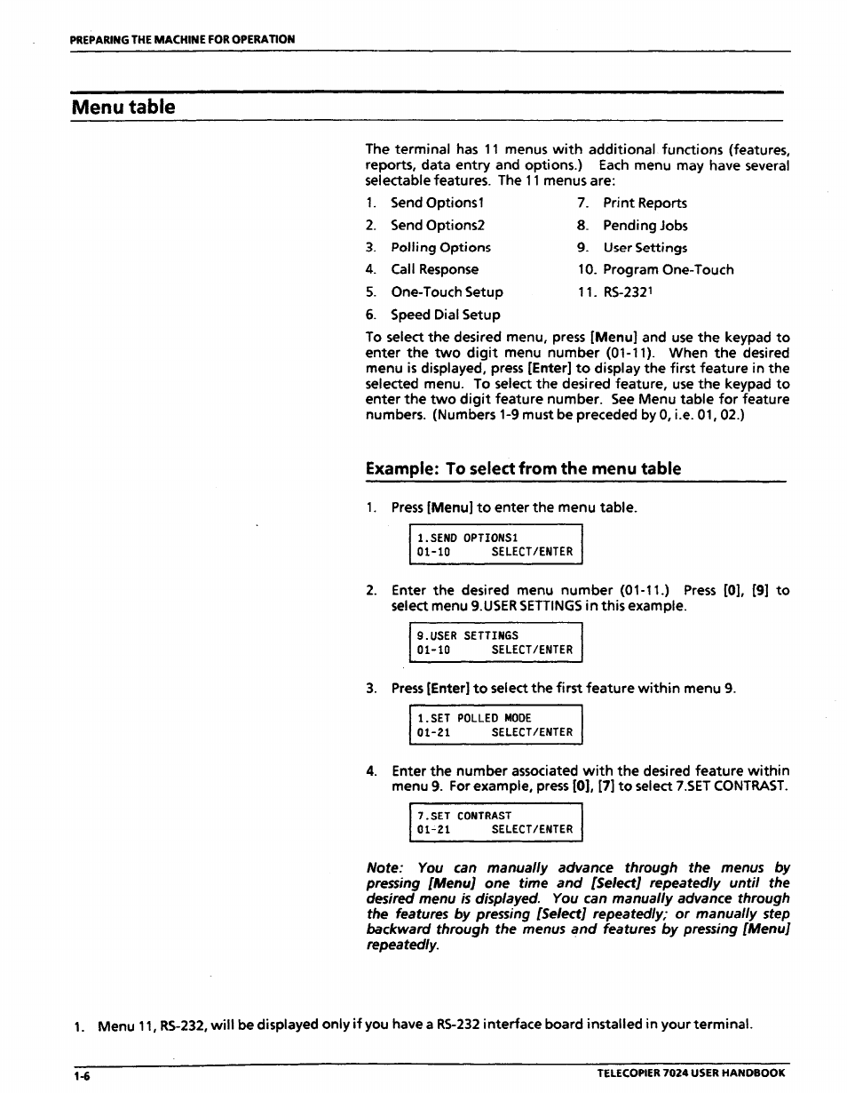 Menu table, Example: to select from the menu table, Menu table -6 | Example: to select from the menu table -6 | Xerox 7024 User Manual | Page 26 / 164