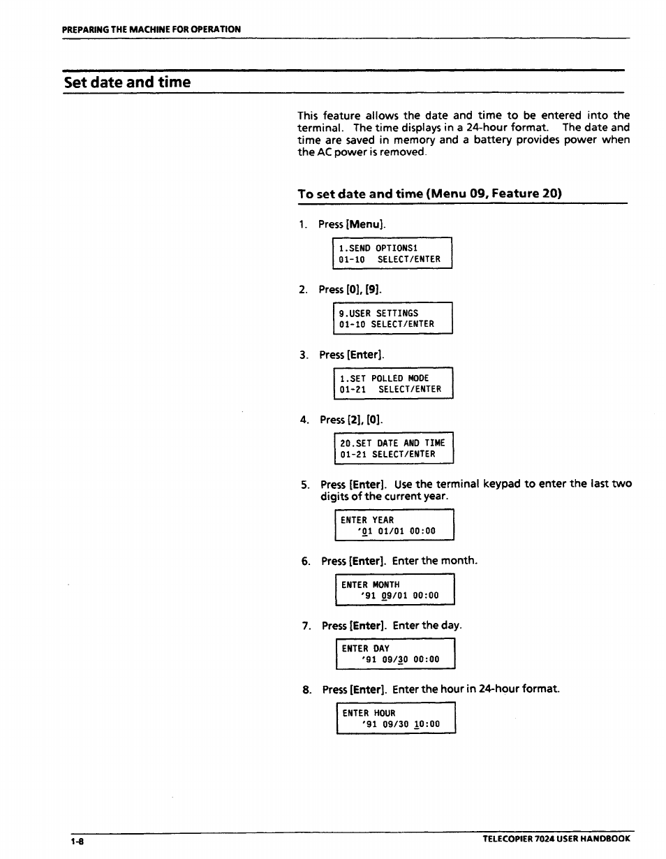 Set date and time, To set date and time (menu 09, feature 20), Set date and ti me -8 | To set date and time (menu 09, feature 21) -8 | Xerox 7024 User Manual | Page 28 / 164