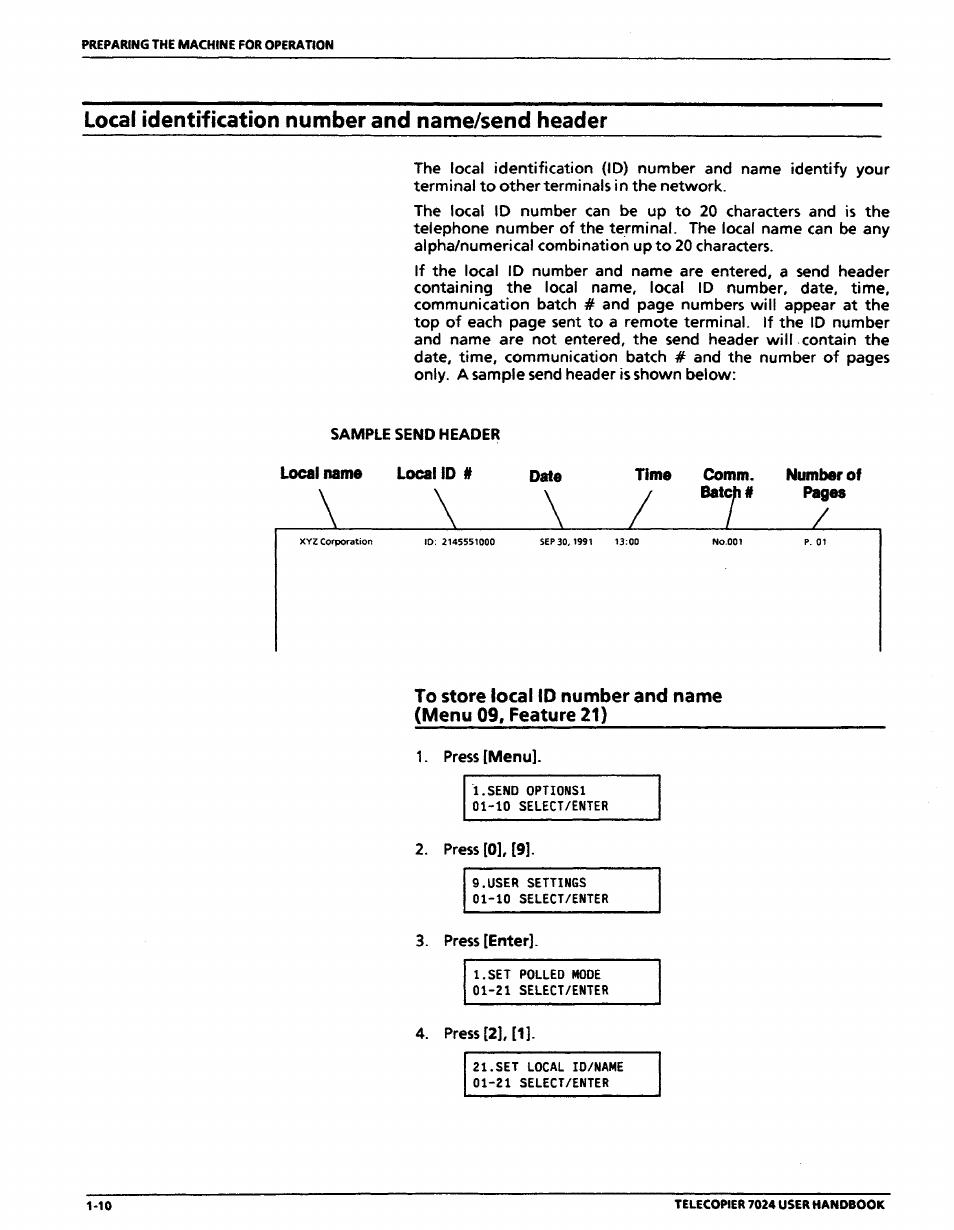 Local identification number and name/send header | Xerox 7024 User Manual | Page 30 / 164