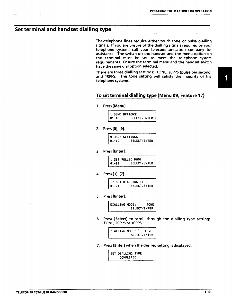 Set terminal and handset dialling type, Set terminal and handset dialling type -13 | Xerox 7024 User Manual | Page 33 / 164