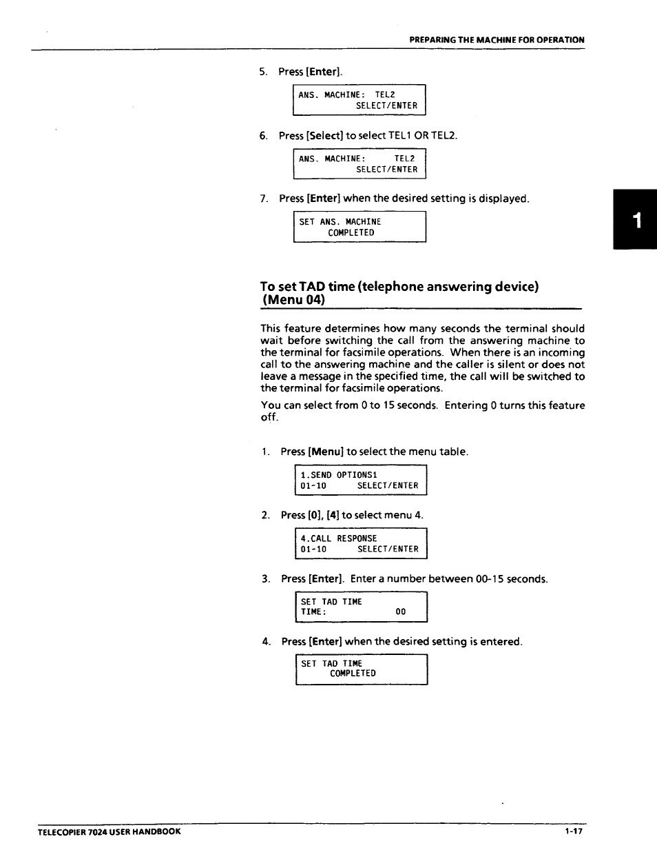 To set tad time (telephone answering device), Menu 04) | Xerox 7024 User Manual | Page 37 / 164