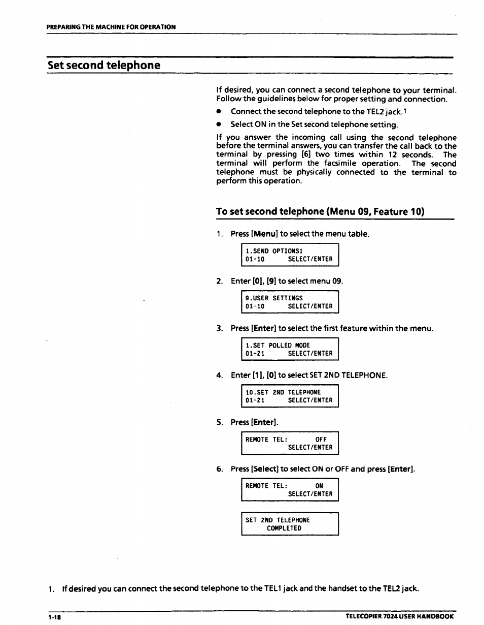 Set second telephone, To set second telephone (menu 09, feature 10), Set second telephone -18 | To set second telephone (menu 09, feature 10) -18 | Xerox 7024 User Manual | Page 38 / 164