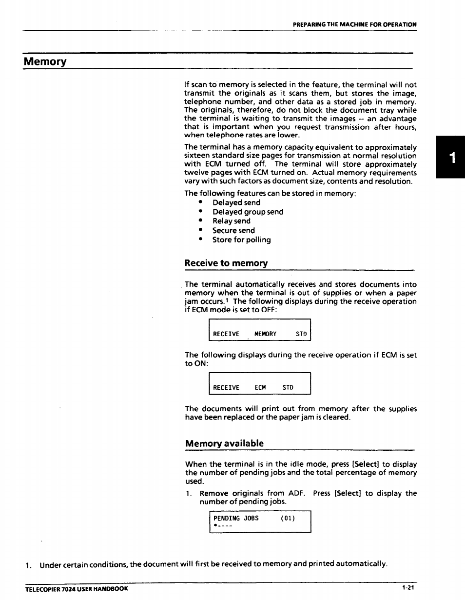 Memory, Receive to memory, Memory -21 | Receive to memory -21 | Xerox 7024 User Manual | Page 41 / 164