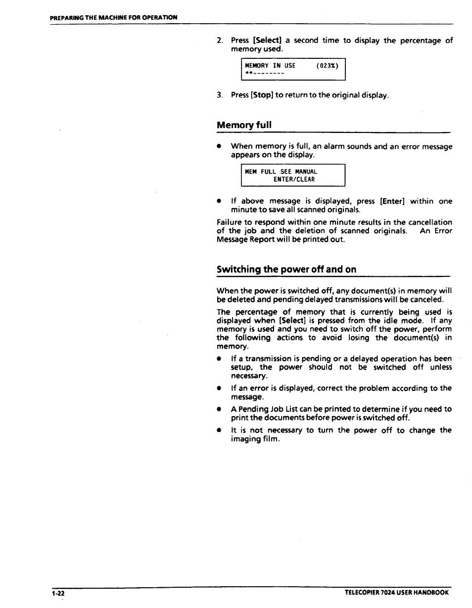 Memory full, Switching the power off and on, Memory full -22 switching the power off and on -22 | Xerox 7024 User Manual | Page 42 / 164