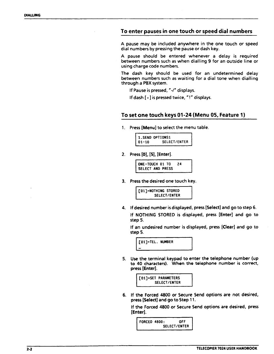 To enter pauses in one touch or speed dial numbers, To set one touch keys 01-24 (menu 05, feature 1) | Xerox 7024 User Manual | Page 44 / 164