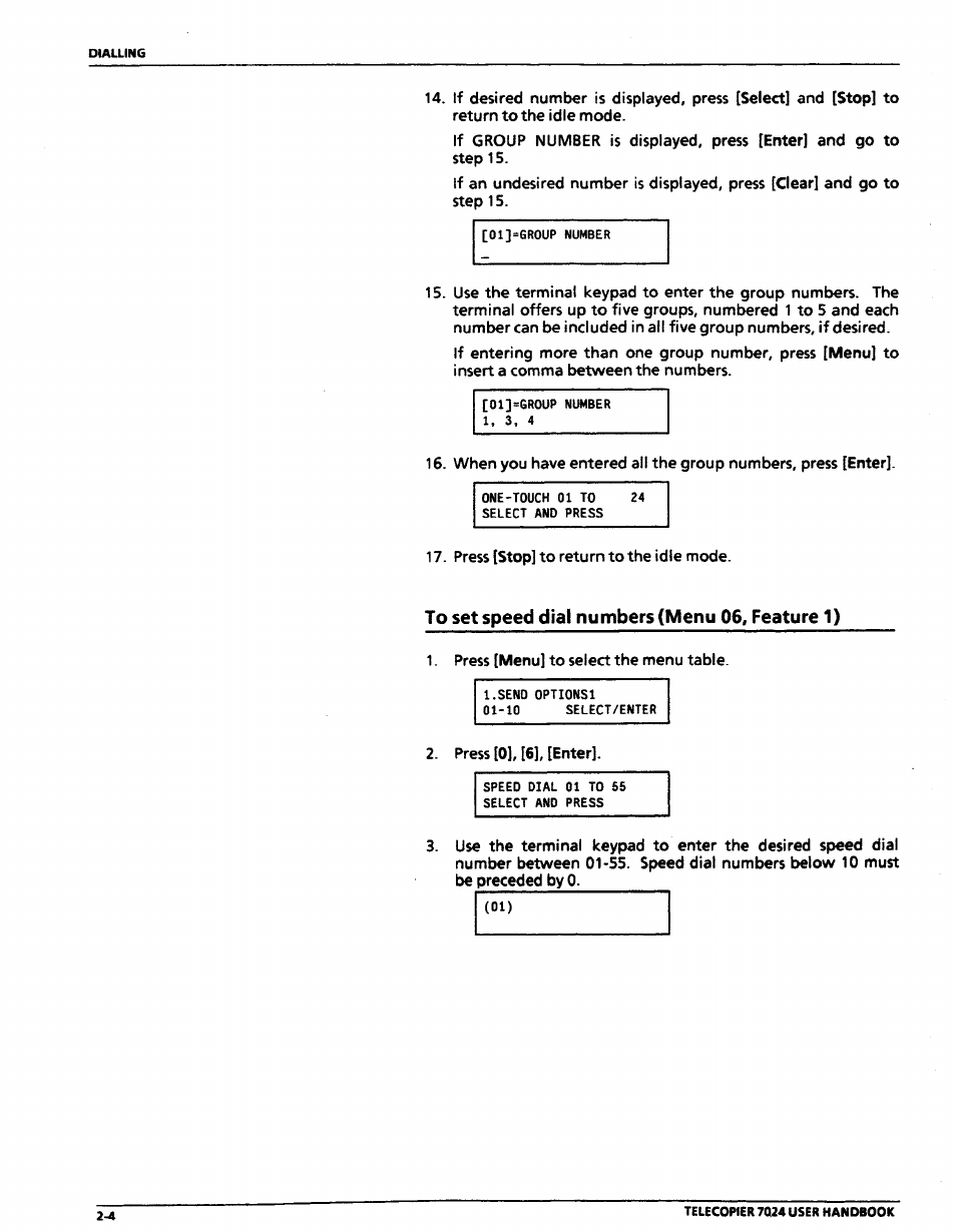 To set speed dial numbers (menu 06, feature 1), To set speed dial numbers (menu 06, feature 1) -4 | Xerox 7024 User Manual | Page 46 / 164