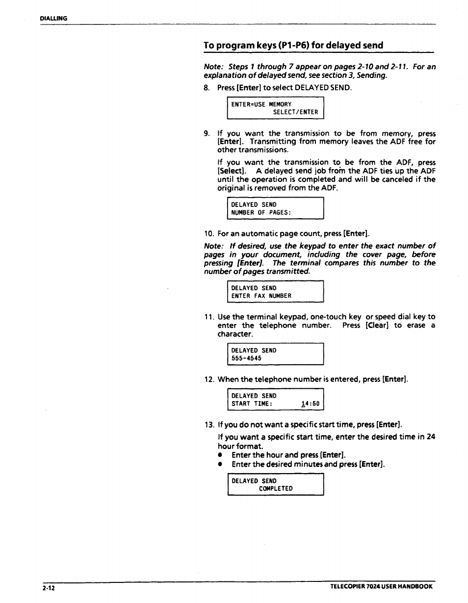 To program keys (pi -p6) for delayed send, To program keys (p1-p6) for delayed send -12 | Xerox 7024 User Manual | Page 54 / 164