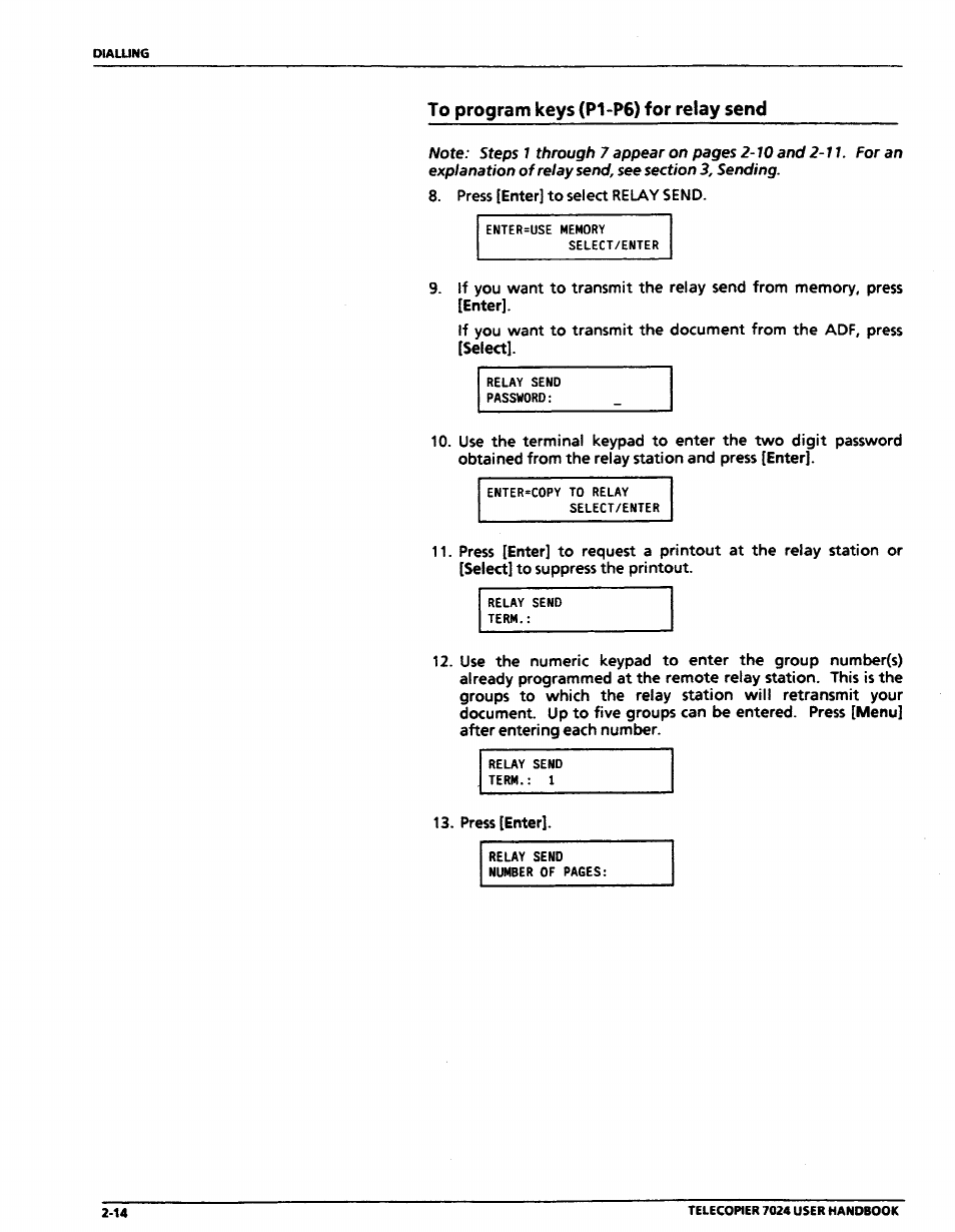 To program keys (p1-p6) for relay send, To program keys (pi-p6) for relay send -14 | Xerox 7024 User Manual | Page 56 / 164