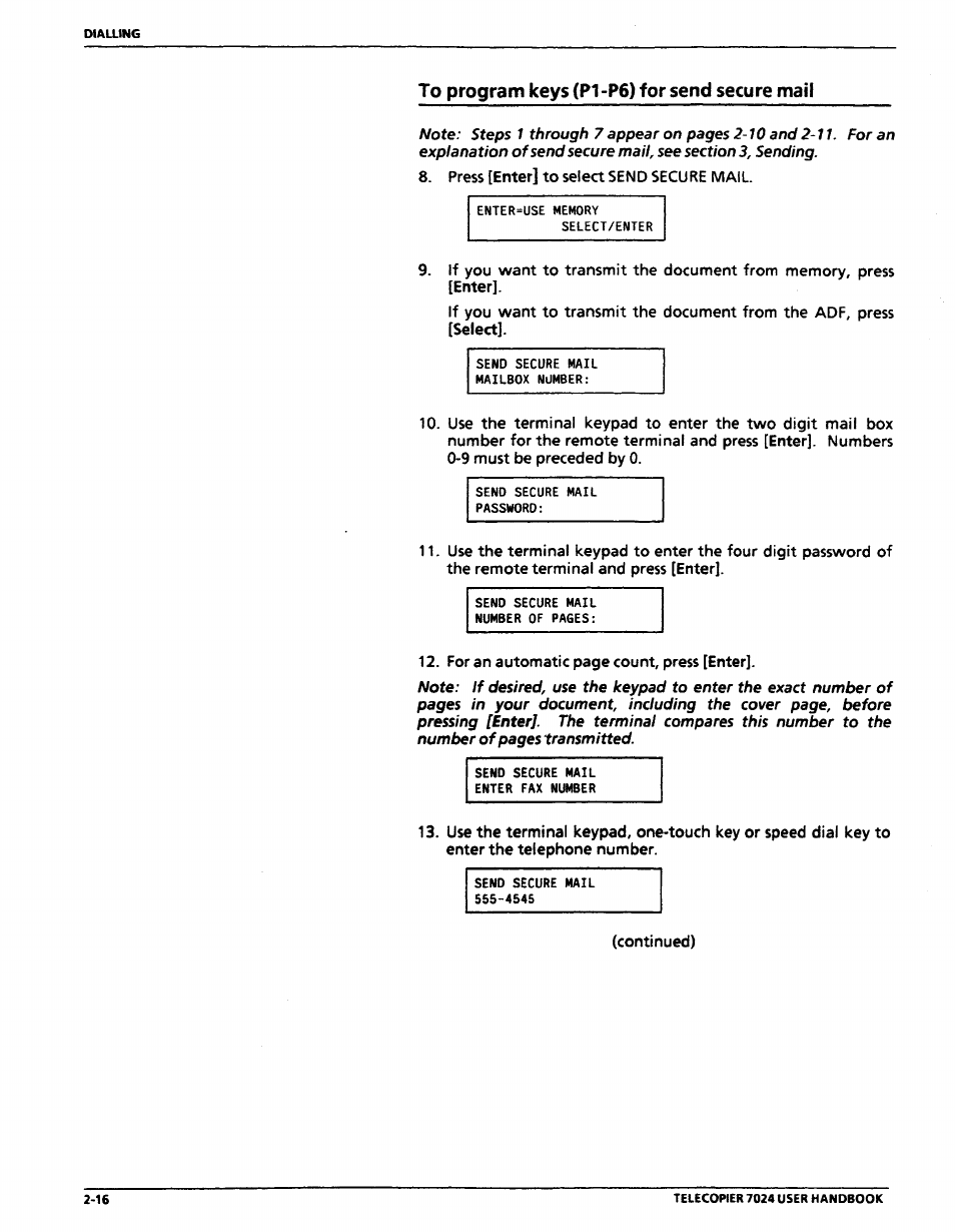 To program keys (p1-p6) for send secure mail, To program keys (p1-p6) for send secure mail -16 | Xerox 7024 User Manual | Page 58 / 164