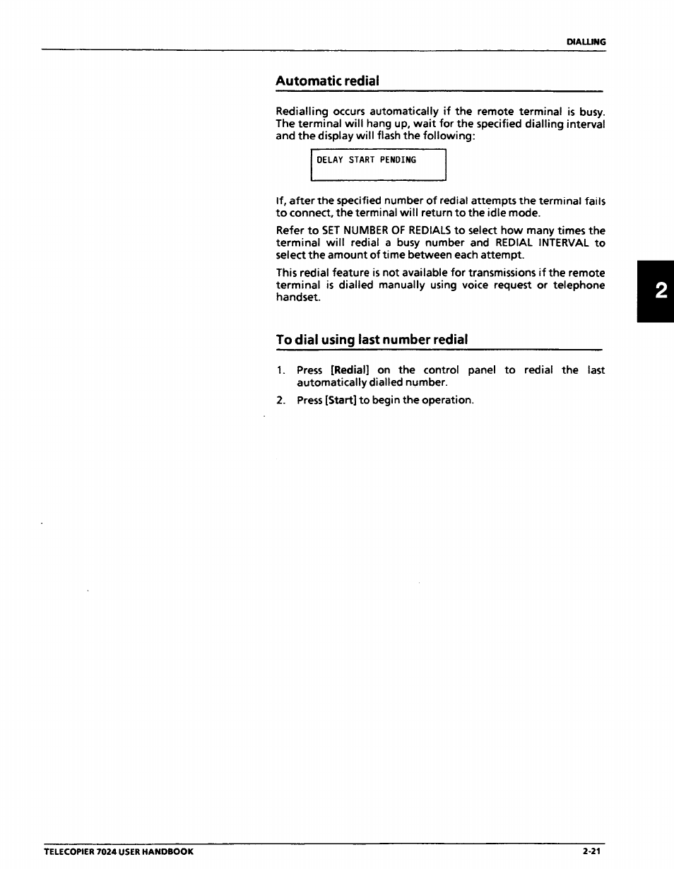 Automatic redial, To dial using last number redial | Xerox 7024 User Manual | Page 63 / 164