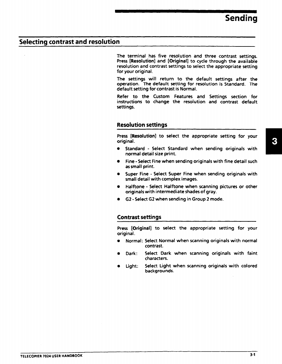 Sending, Selecting contrast and resolution, Resolution settings | Contrast settings, Selecting contrast and resolution -1, Resolution settings -1, Contrast settings -1 | Xerox 7024 User Manual | Page 65 / 164