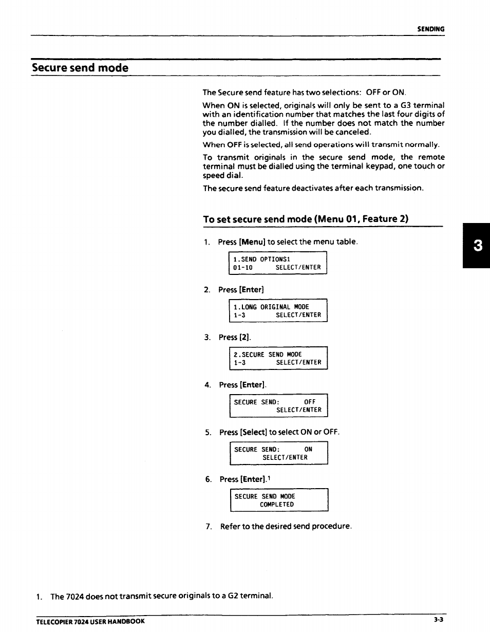 Secure send mode, To set secure send mode (menu 01, feature 2), Secure send mode -3 | To set secure send mode (menu 01, feature 2) -3 | Xerox 7024 User Manual | Page 67 / 164