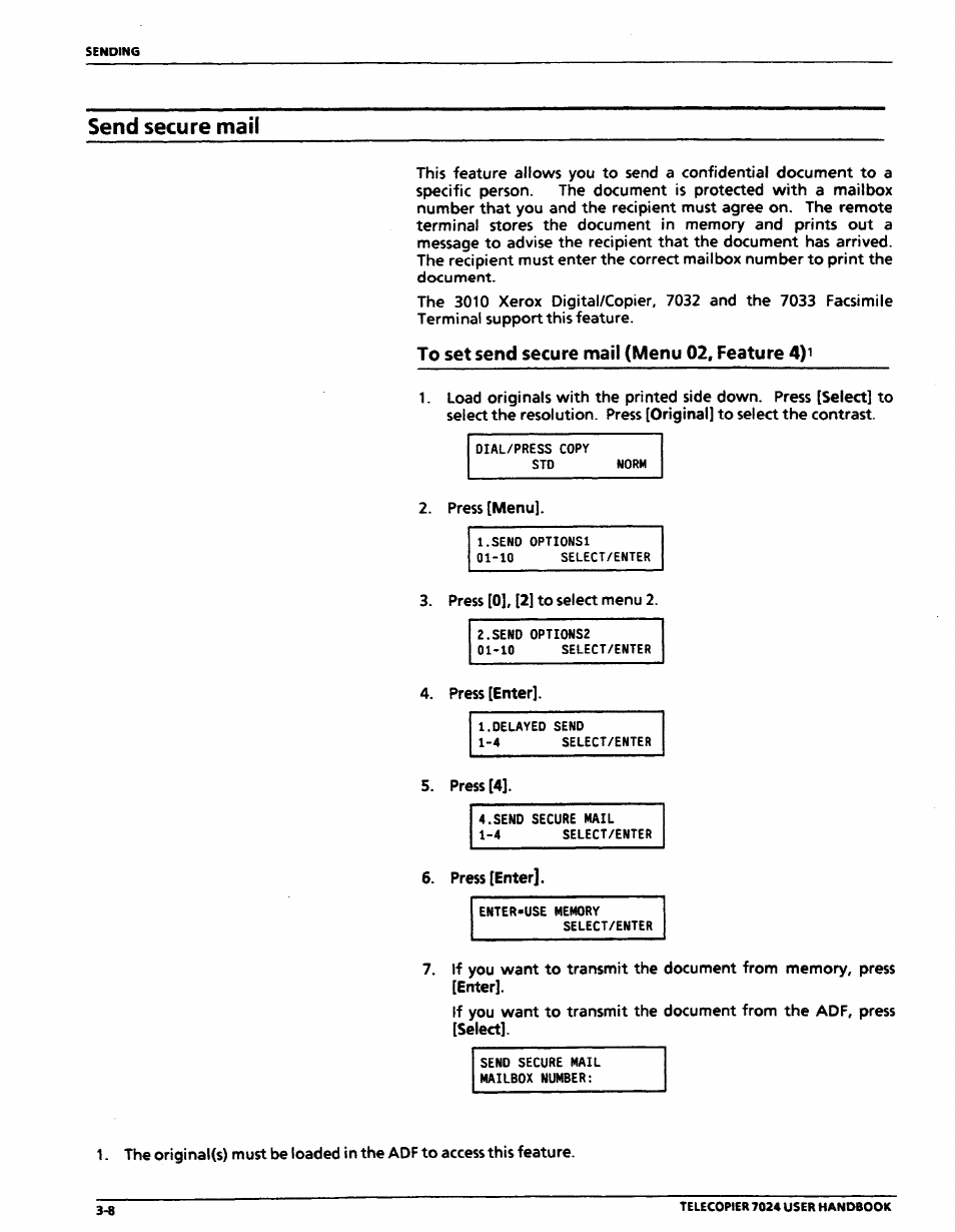 Send secure mail, To set send secure mail (menu 02, feature 4)i, Send secure mail -8 | To set send secure mail (menu 02, feature 4) -8 | Xerox 7024 User Manual | Page 72 / 164