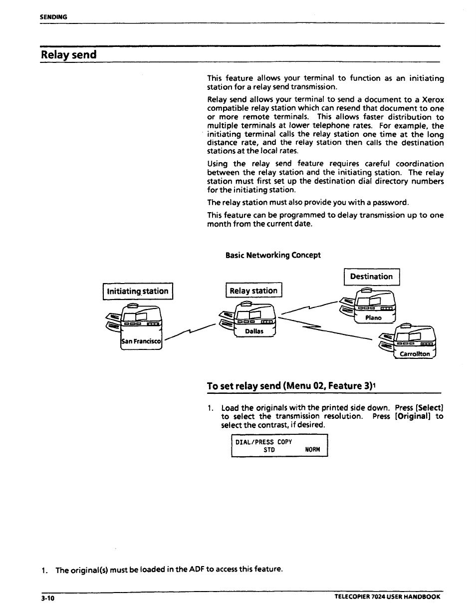 Relay send, To set relay send (menu 02, feature 3)i, Relay send -10 | To set relay send (menu 02, feature 3) -10 | Xerox 7024 User Manual | Page 74 / 164