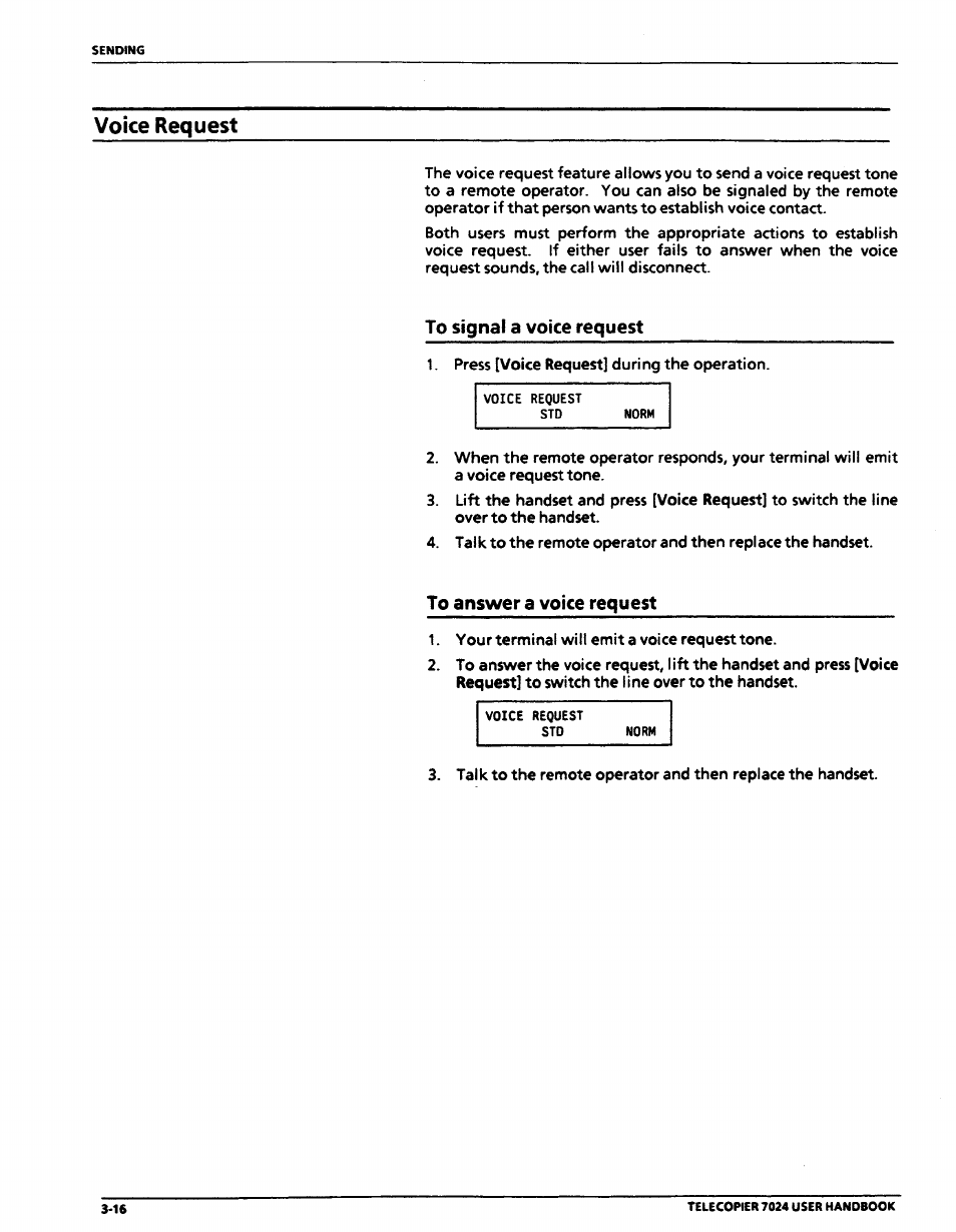 Voice request, To signal a voice request, To answer a voice request | Voice request -16 | Xerox 7024 User Manual | Page 80 / 164