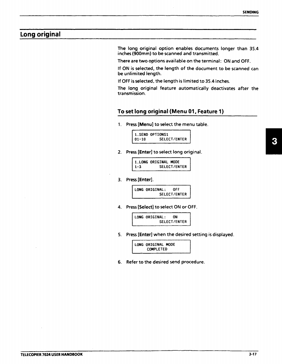 Long original, To set long original (menu 01, feature 1), Long original -17 | Toset long original (menu 01, feature 1) -17 | Xerox 7024 User Manual | Page 81 / 164