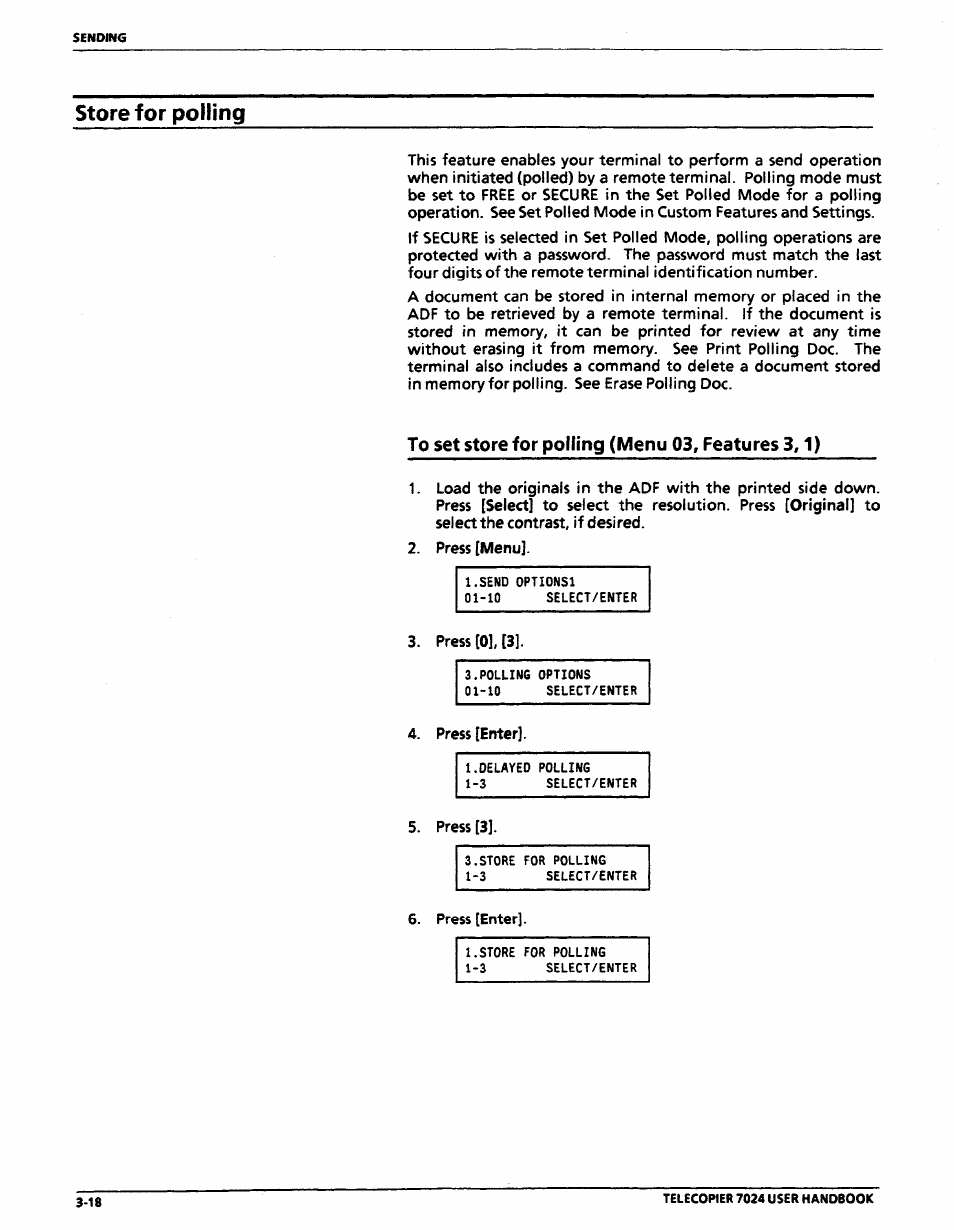 Store for polling, To set store for polling (menu 03, features 3,1), Store for pol i i ng -18 | Xerox 7024 User Manual | Page 82 / 164