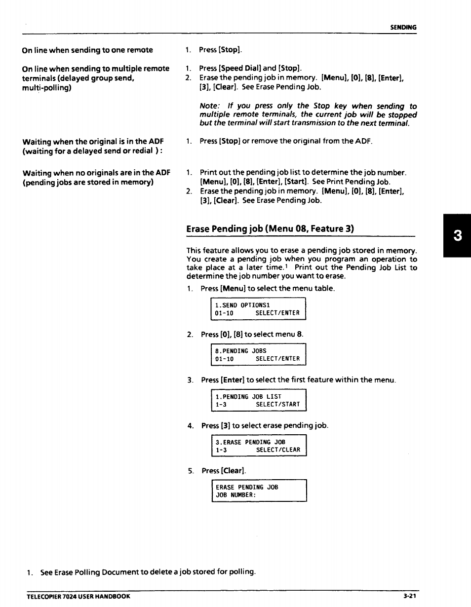 Erase pending job (menu 08, feature 3), Erase pending job (menu 08, feature 3) -21 | Xerox 7024 User Manual | Page 85 / 164