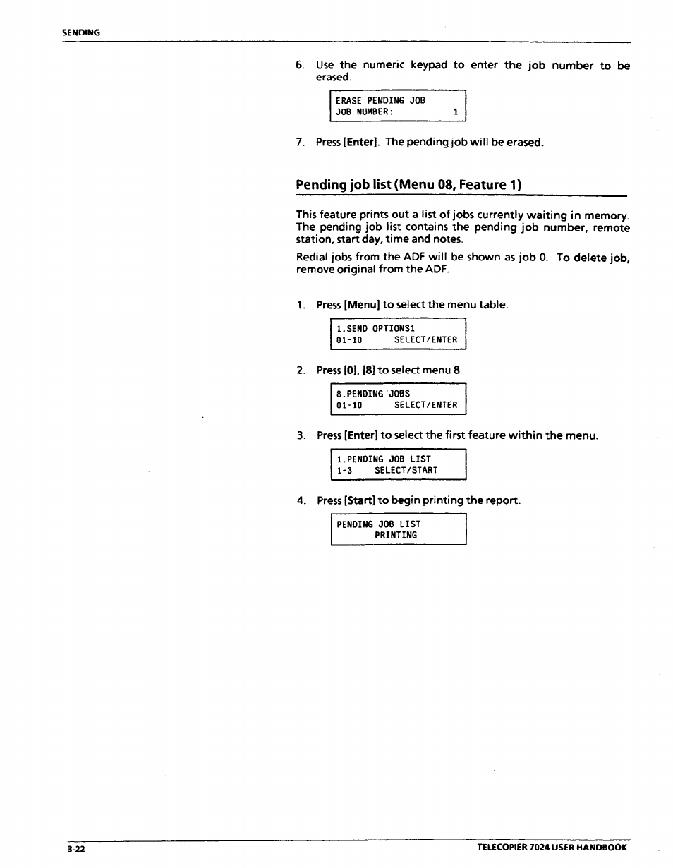 Pending job list (menu 08, feature 1), Pending job list (menu 08, feature 1) -22 | Xerox 7024 User Manual | Page 86 / 164