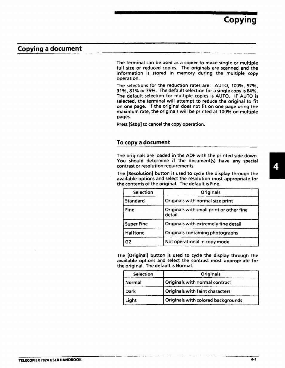 Copying a document, Copying, To copy a document | Copying a document -1, Tocopy a document -1 | Xerox 7024 User Manual | Page 89 / 164