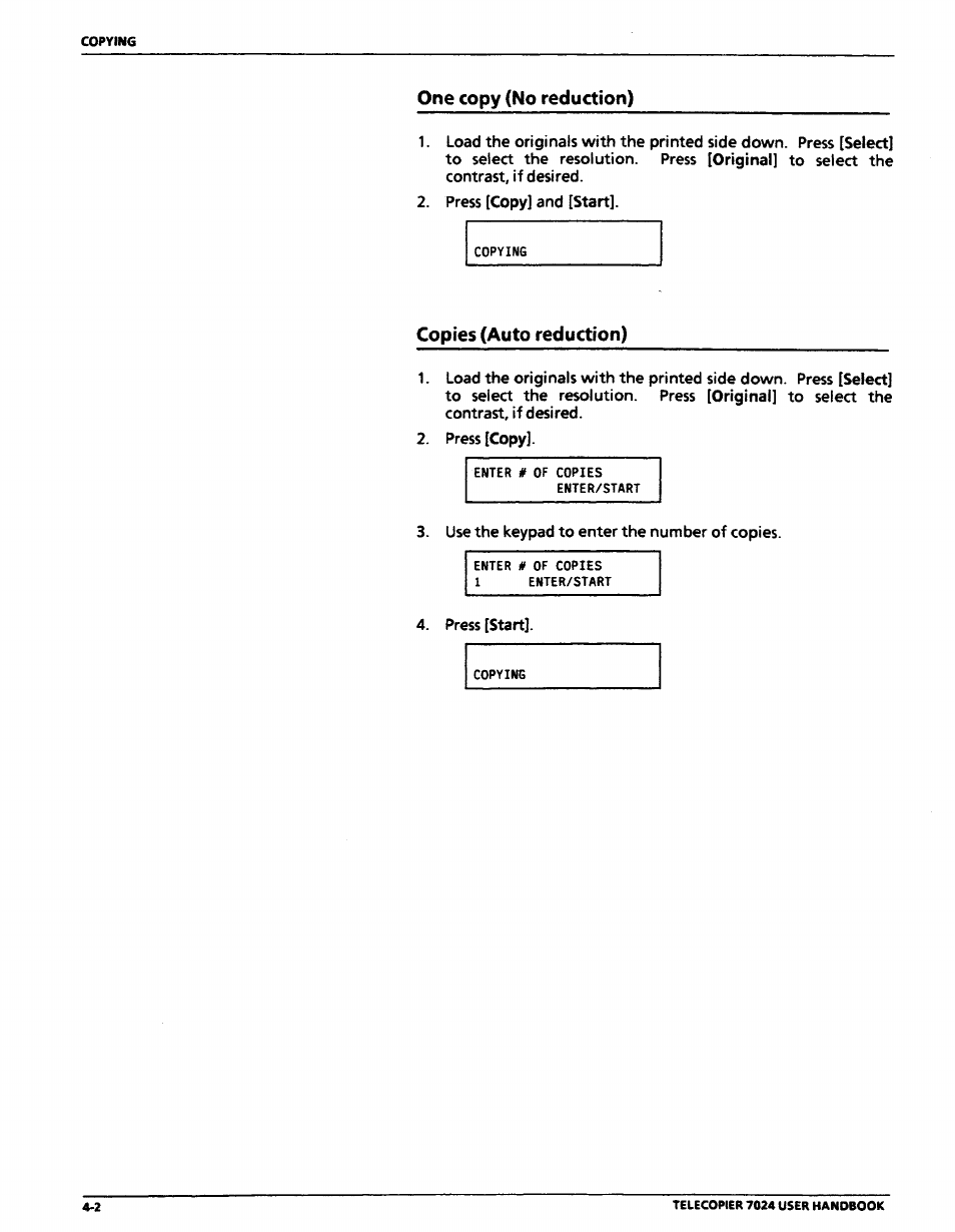 One copy (no reduction), Copies (auto reduction), One copy (no reduction) -2 | Copies (auto reduction) -2 | Xerox 7024 User Manual | Page 90 / 164