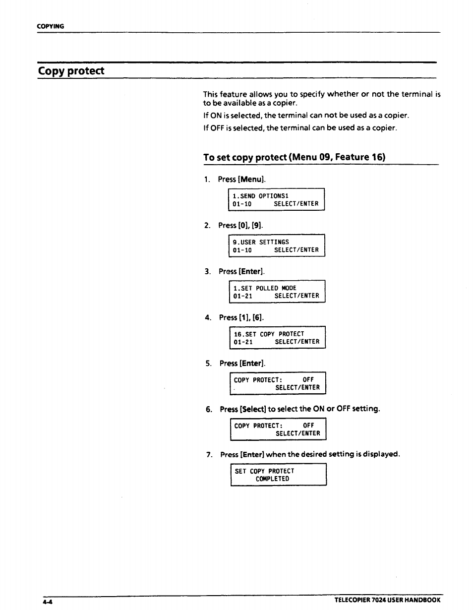 Copy protect, To set copy protect (menu 09, feature 16), Copy protect ..: -4 | To set copy protect (menu 09, feature 16) -4 | Xerox 7024 User Manual | Page 92 / 164