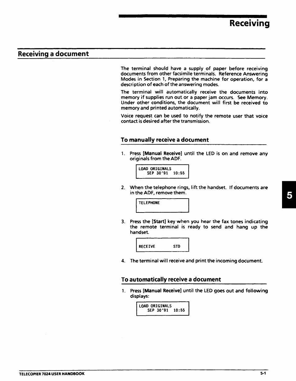 Receiving a document, Receiving, To manually receive a document | To automatically receive a document, Receiving a document -1 | Xerox 7024 User Manual | Page 93 / 164