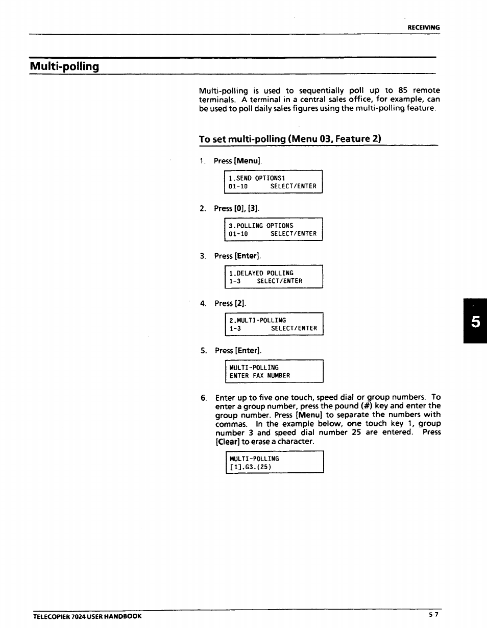 Multi-polling, To set multi-pollmg (menu 03, feature 2), Multi-polling -7 | To set multi-polling (menu 03, feature 2) -7 | Xerox 7024 User Manual | Page 99 / 164