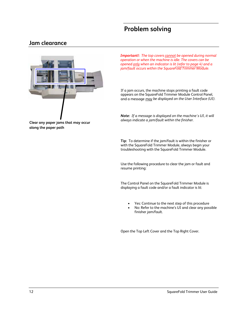 Problem solving, Jam clearance | Xerox Trimmer Module SquareFold User Manual | Page 16 / 24