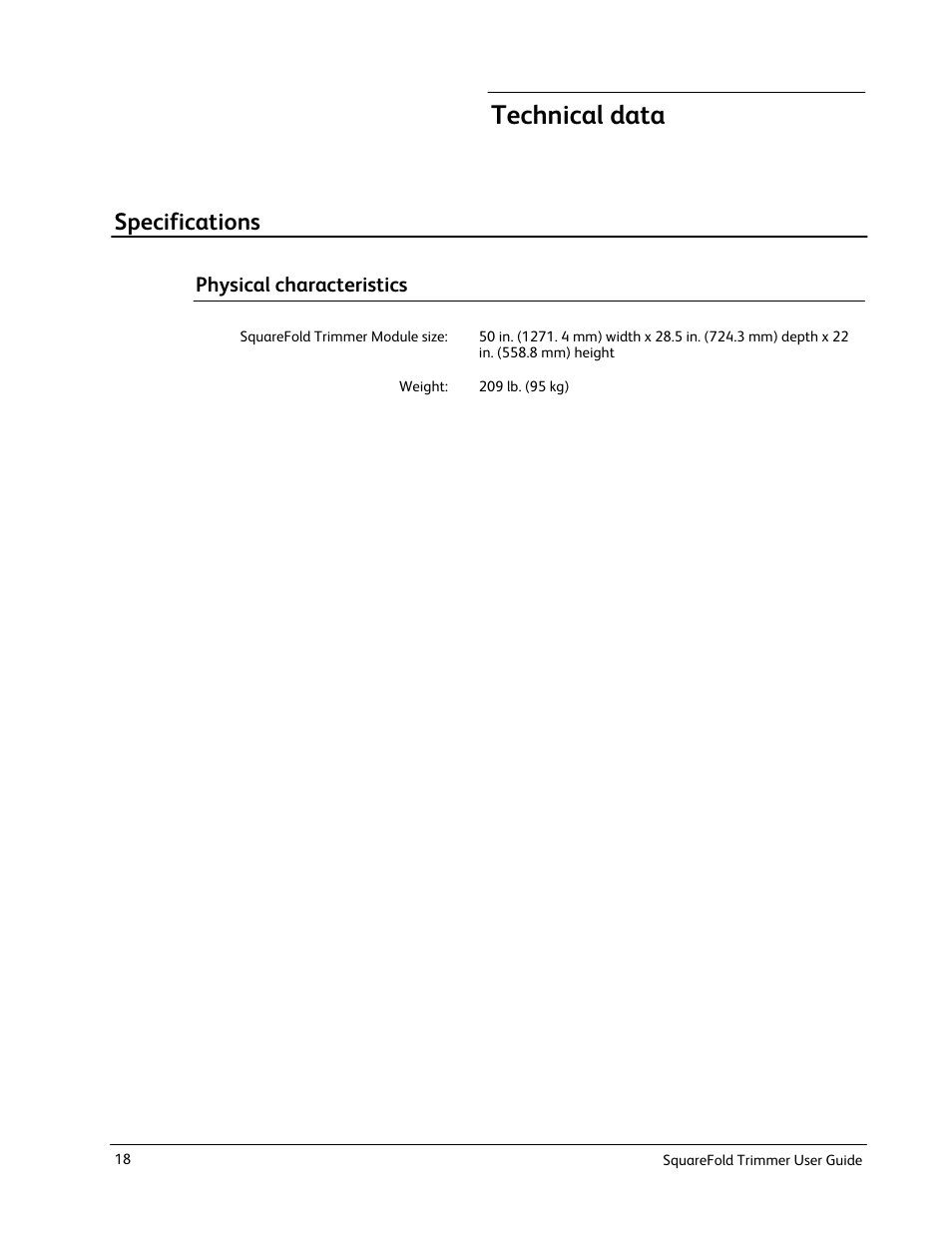 Technical data, Specifications, Physical characteristics | Xerox Trimmer Module SquareFold User Manual | Page 22 / 24