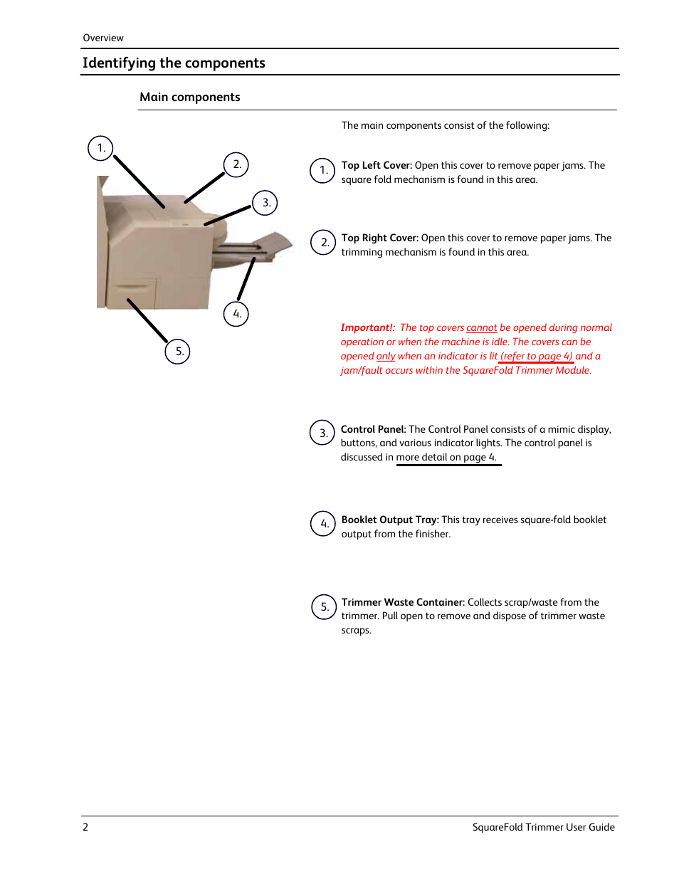 Identifying the components, Main components | Xerox Trimmer Module SquareFold User Manual | Page 6 / 24