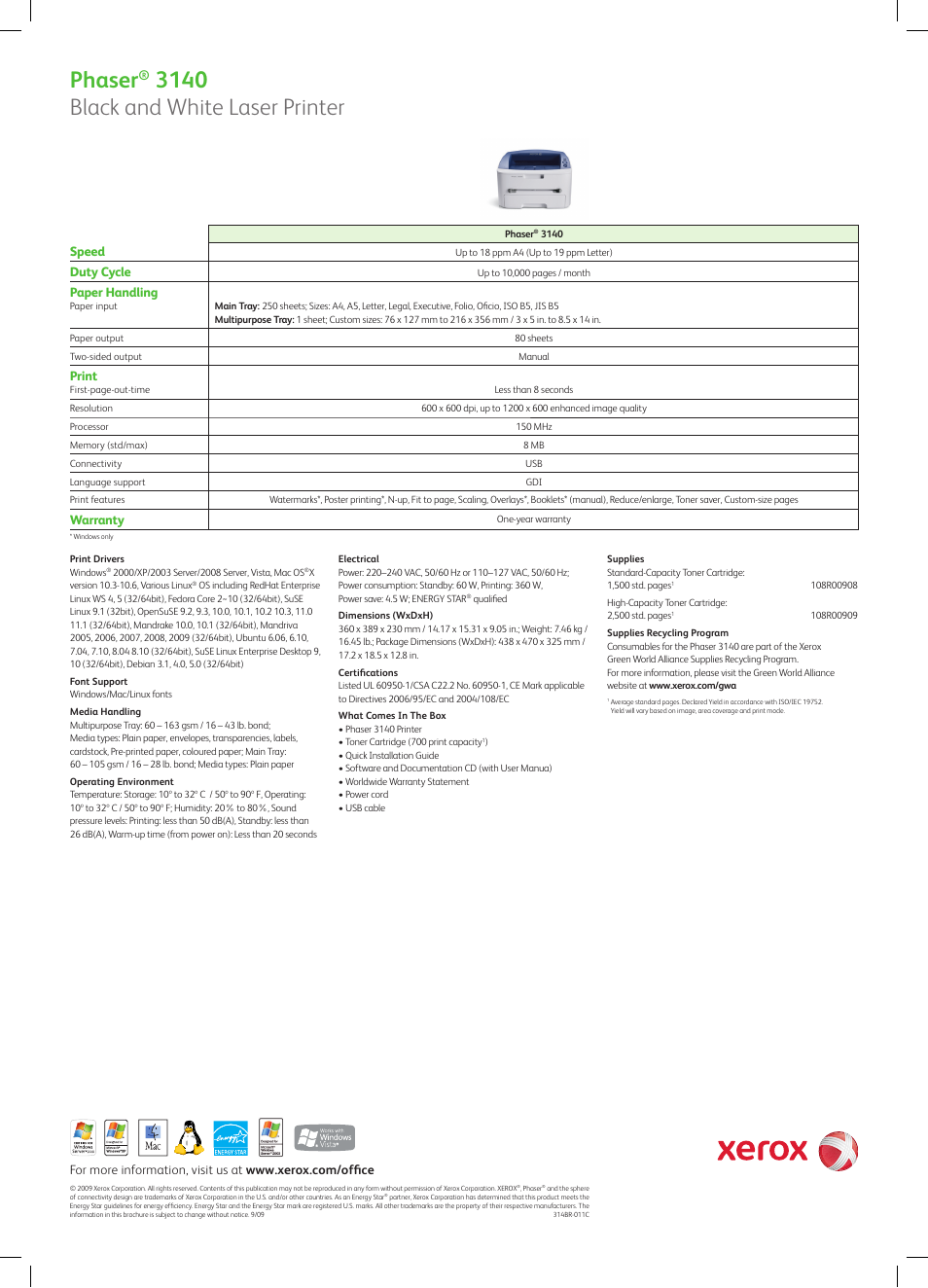 Phaser, 3140 black and white laser printer | Xerox 3140 User Manual | Page 2 / 2