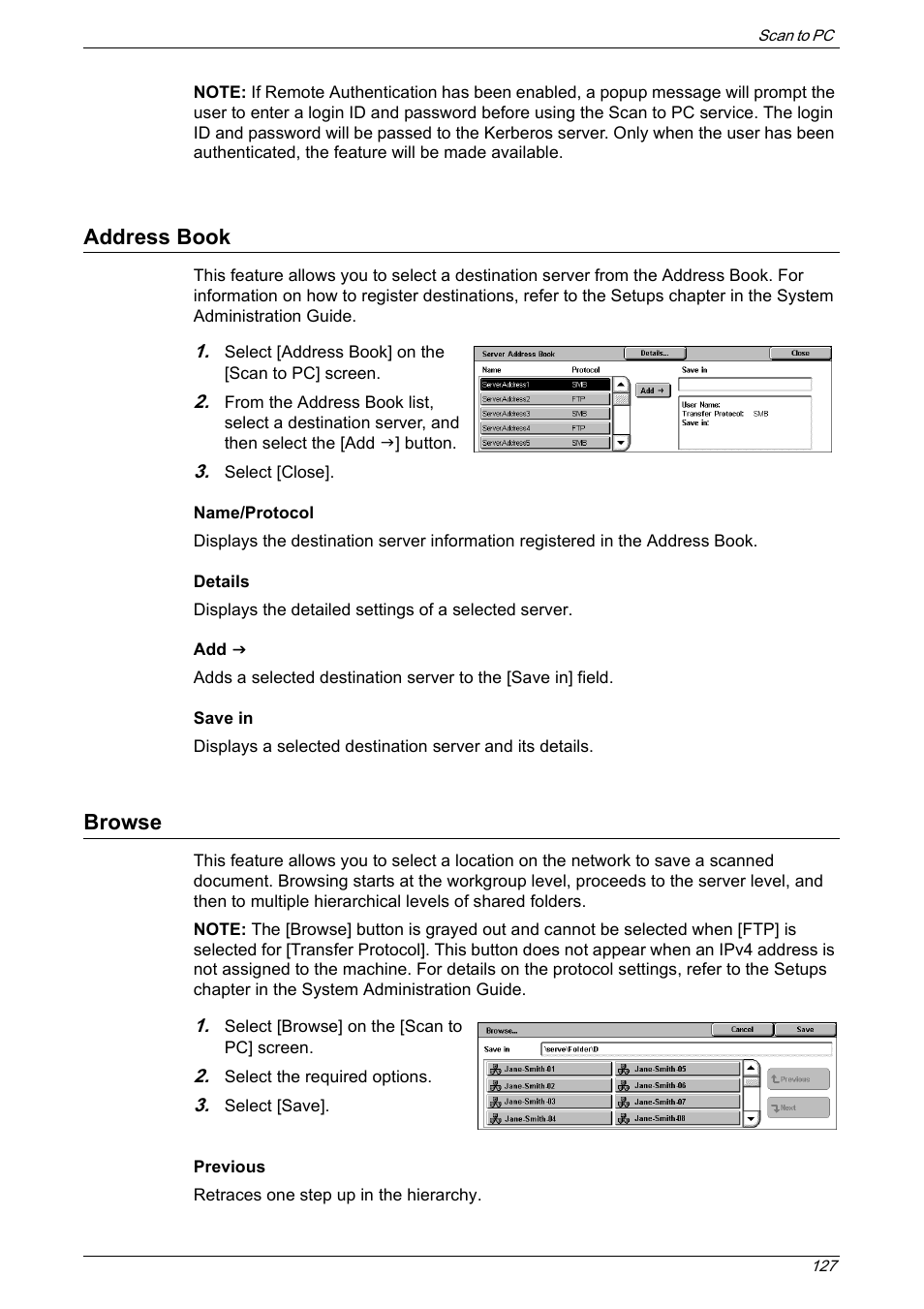 Address book, Browse, Address book browse | Xerox 5222 User Manual | Page 127 / 182