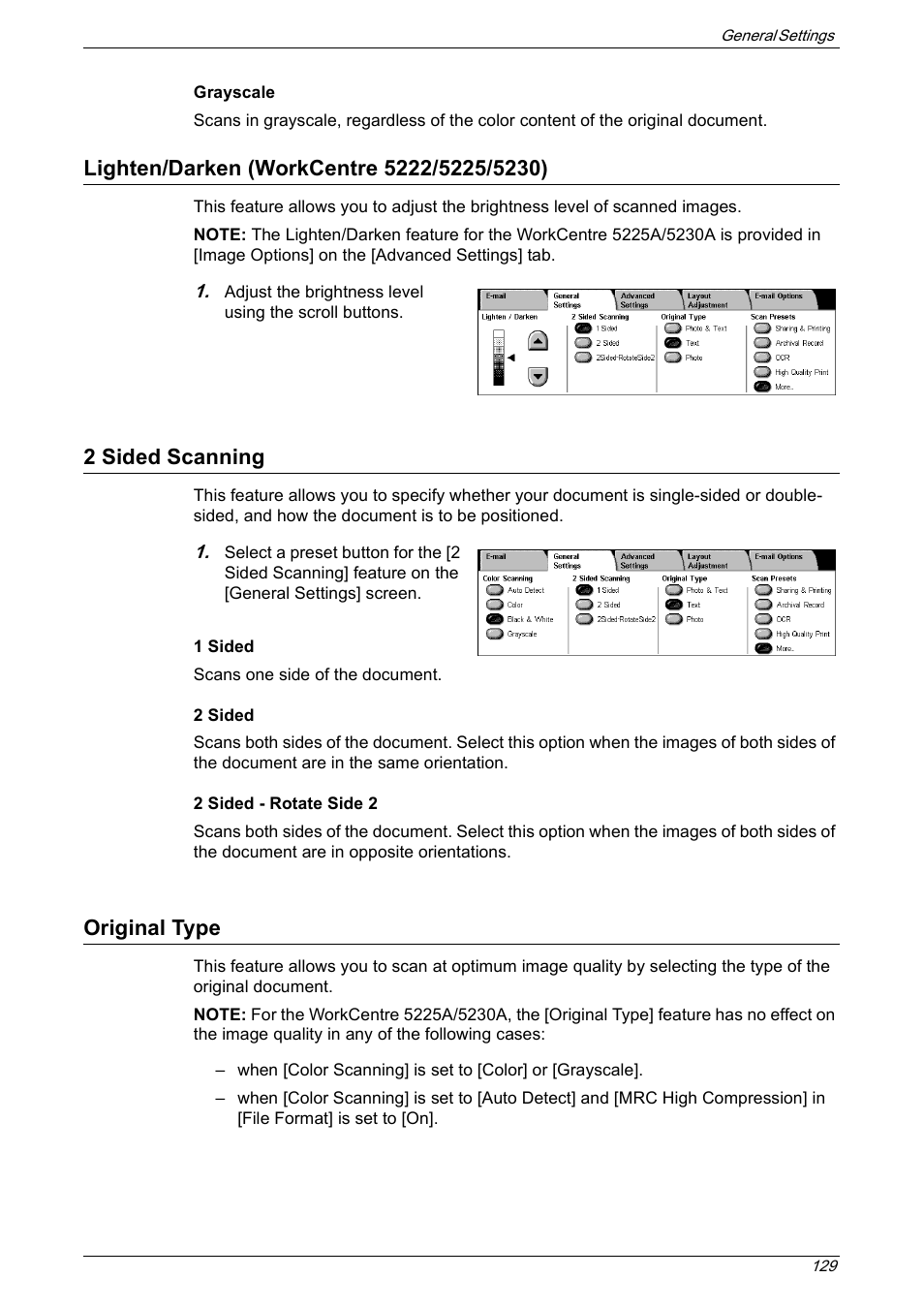 Lighten/darken (workcentre 5222/5225/5230), 2 sided scanning, Original type | Xerox 5222 User Manual | Page 129 / 182