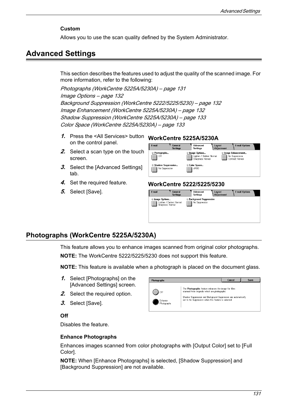 Advanced settings, Photographs (workcentre 5225a/5230a) | Xerox 5222 User Manual | Page 131 / 182