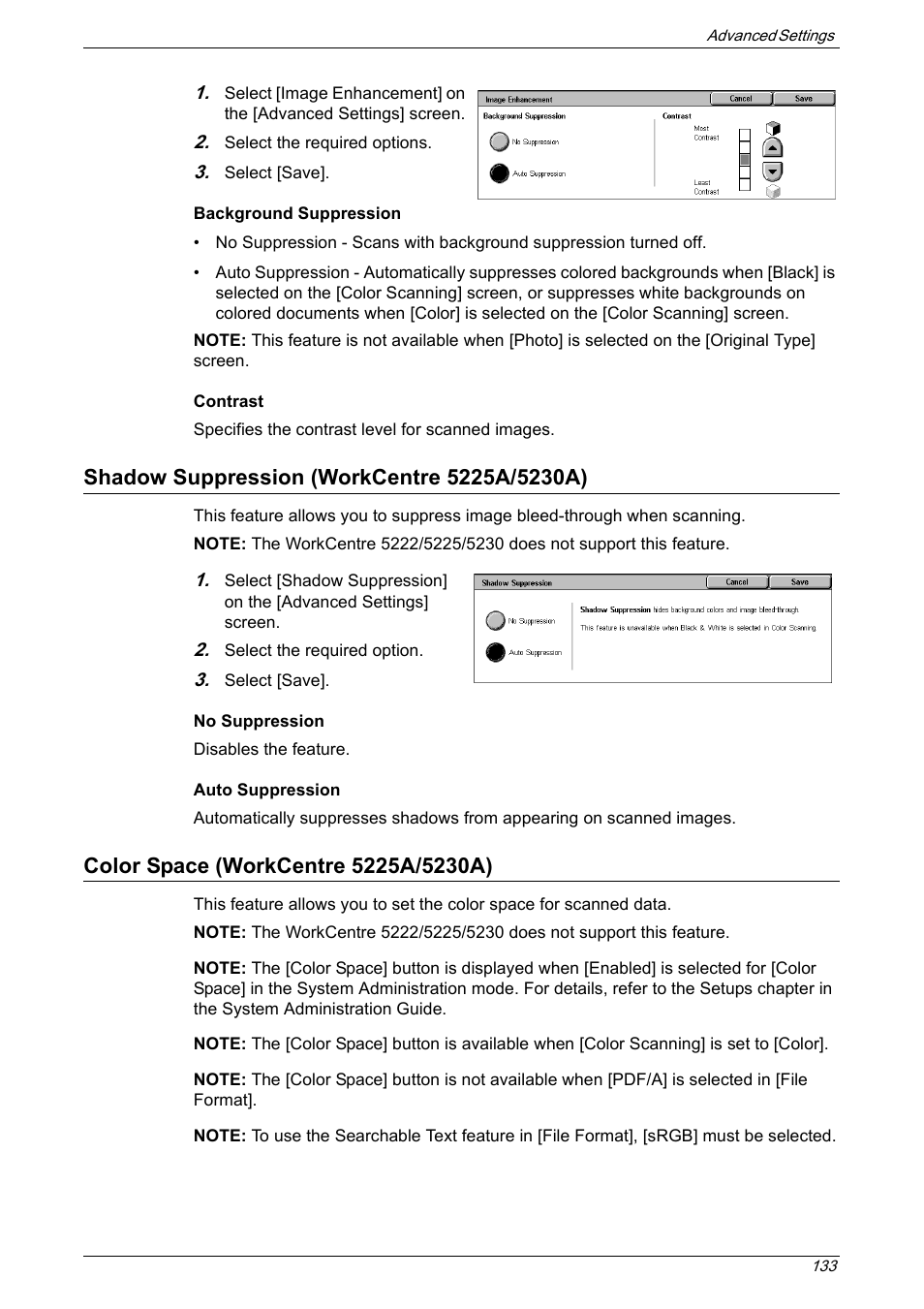 Shadow suppression (workcentre 5225a/5230a), Color space (workcentre 5225a/5230a) | Xerox 5222 User Manual | Page 133 / 182