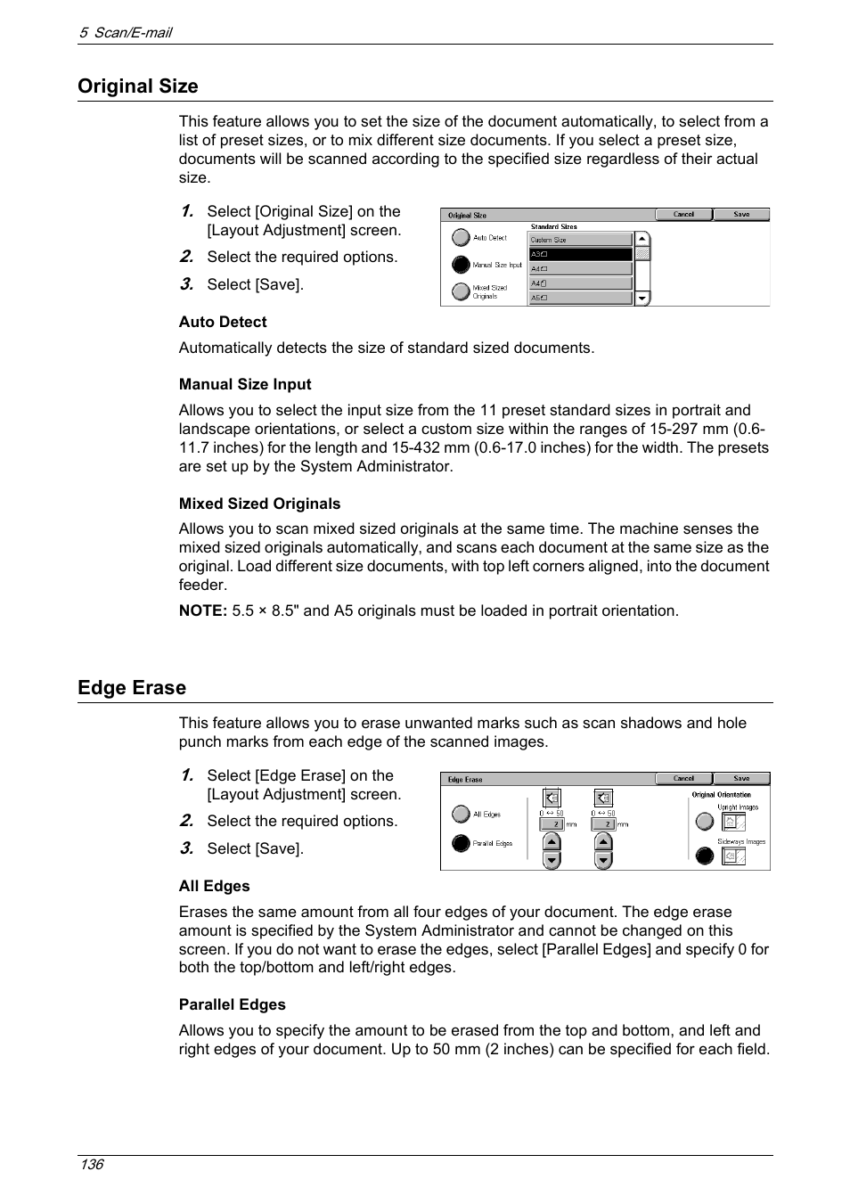 Original size, Edge erase, Original size edge erase | Refer to mixed sized originals on, Refer to, Original | Xerox 5222 User Manual | Page 136 / 182