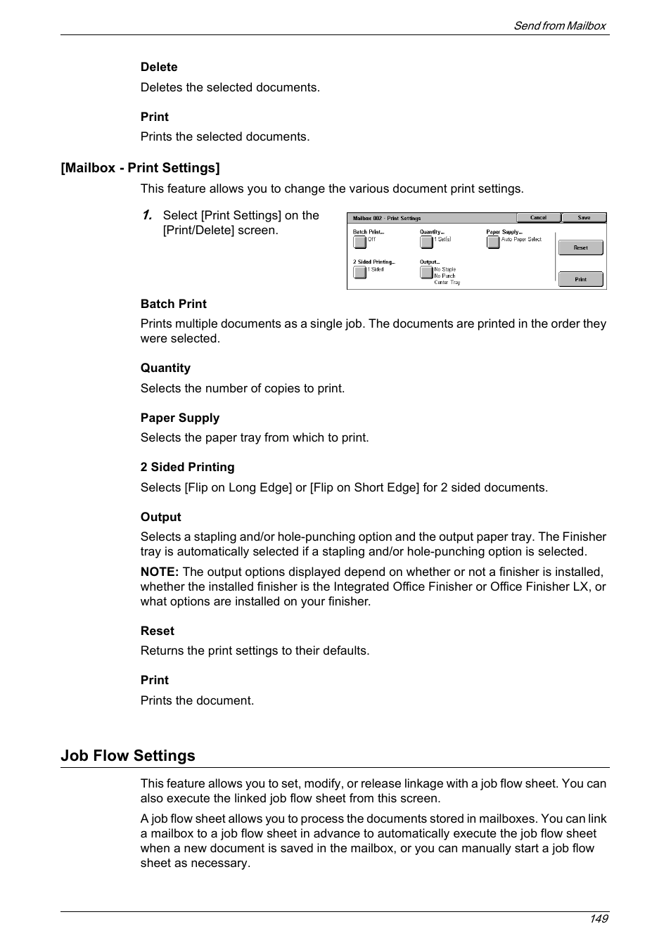 Job flow settings, Job flow, Mailbox | Xerox 5222 User Manual | Page 149 / 182
