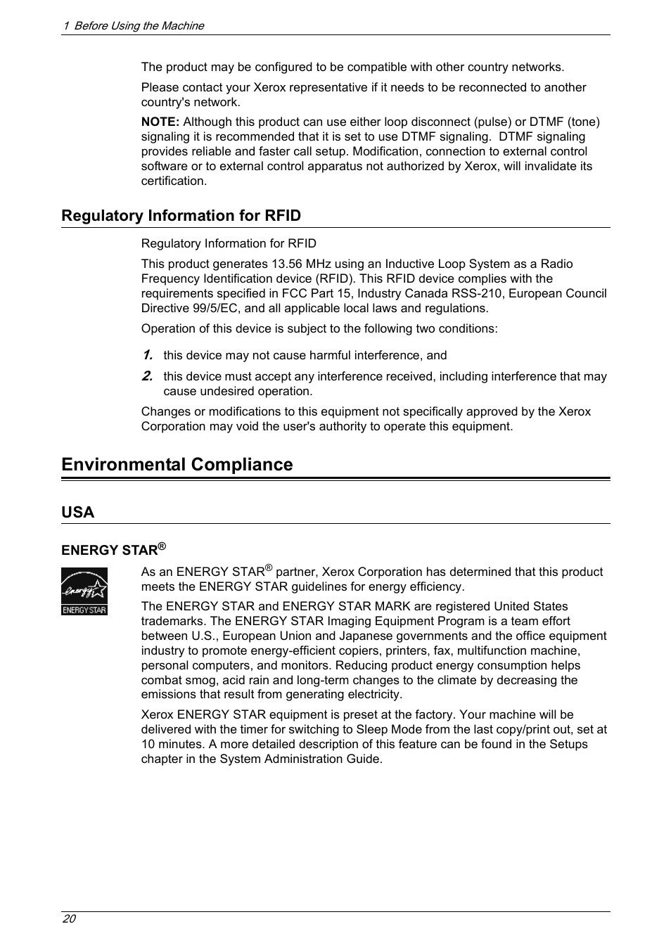 Regulatory information for rfid, Environmental compliance | Xerox 5222 User Manual | Page 20 / 182