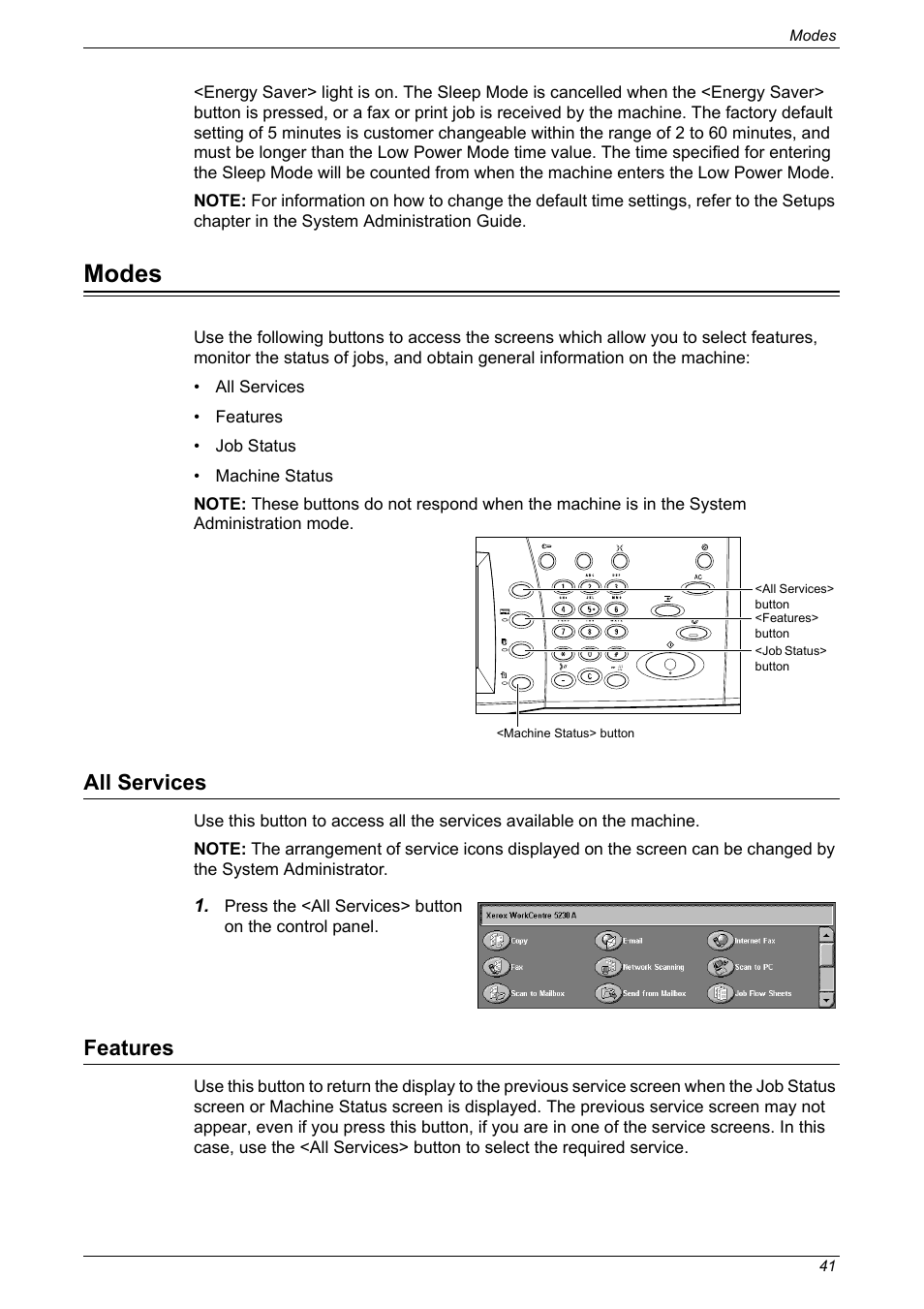 Modes, All services, Features | All services features | Xerox 5222 User Manual | Page 41 / 182