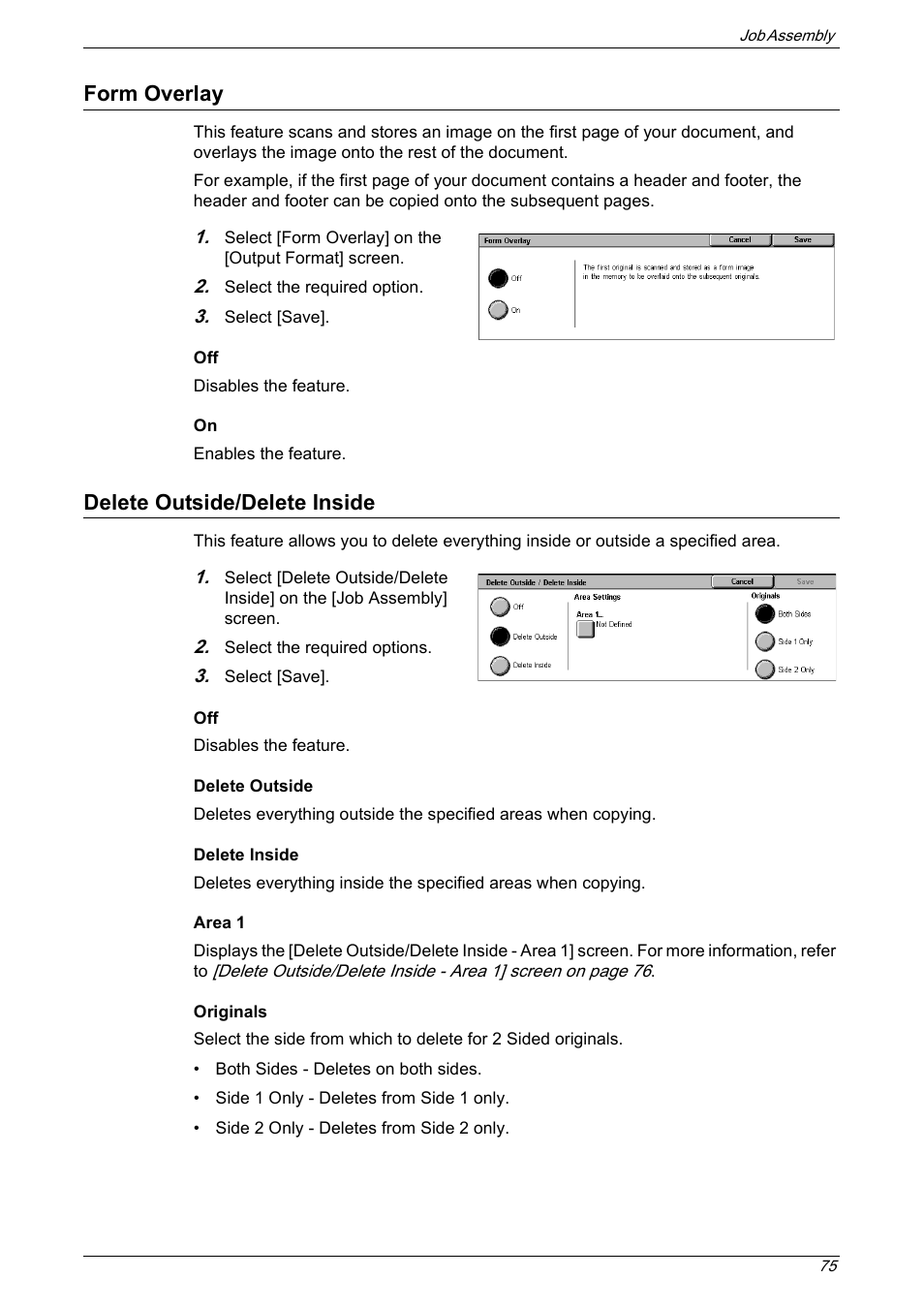 Form overlay, Delete outside/delete inside, Form overlay delete outside/delete inside | Xerox 5222 User Manual | Page 75 / 182