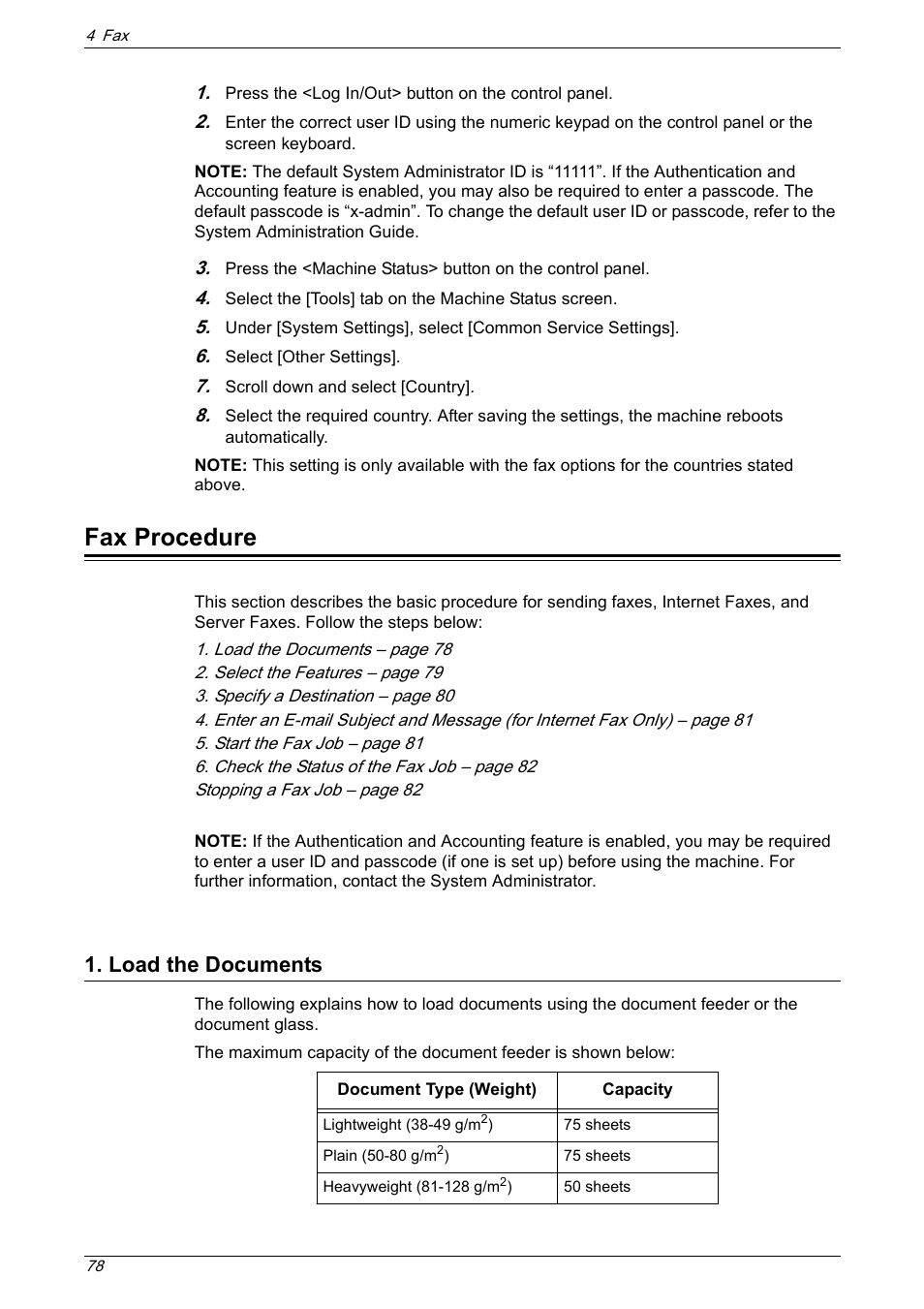 Fax procedure, Load the documents | Xerox 5222 User Manual | Page 78 / 182