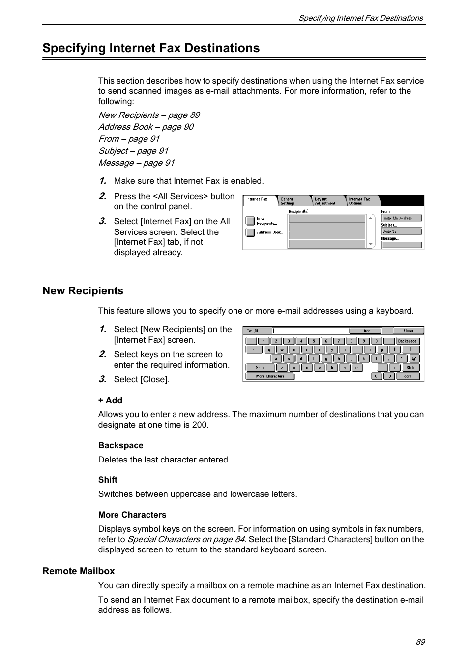Specifying internet fax destinations, New recipients, Refer to | Xerox 5222 User Manual | Page 89 / 182